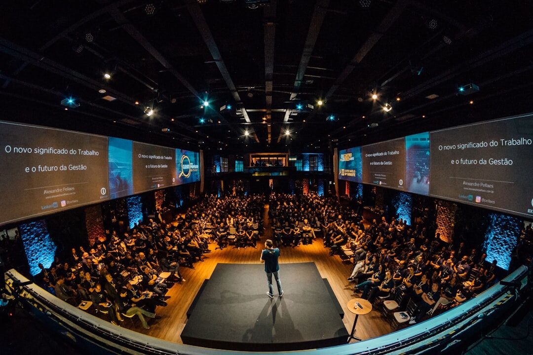 International tech summit with crowd and stage